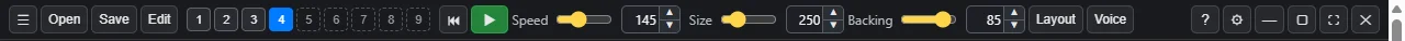 The control bar: menu, Open, Save, Edit, script slots 1 to 9, back to the top, start, Speed, Size and Backing with number boxes, Layout, Voice, help, settings and window buttons.