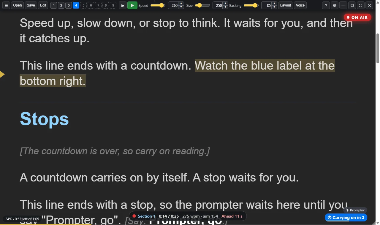 Countdowns for a breath or a beat. A {pause: 5s} counts down at the bottom right, then carries on by itself.