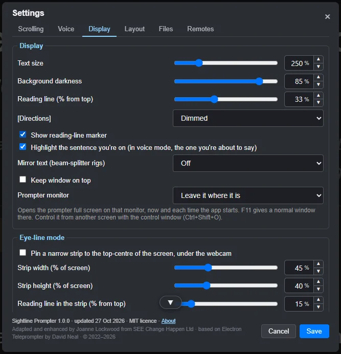 Settings, in six tabs. Scrolling, Voice, Display, Layout, Files and Remotes. Every slider has a number box you can type into.