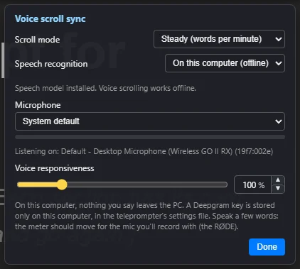 The Voice panel: Choose steady or voice scrolling, the speech recognition and your microphone, with a level meter to check it hears you.