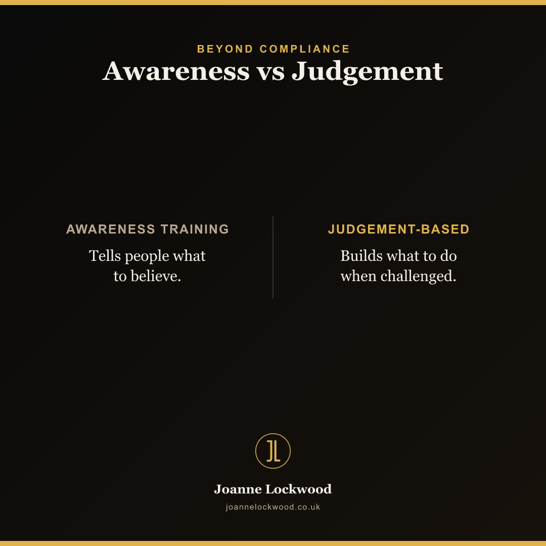 Awareness vs judgement-based training: belief vs knowing what to do when challenged.