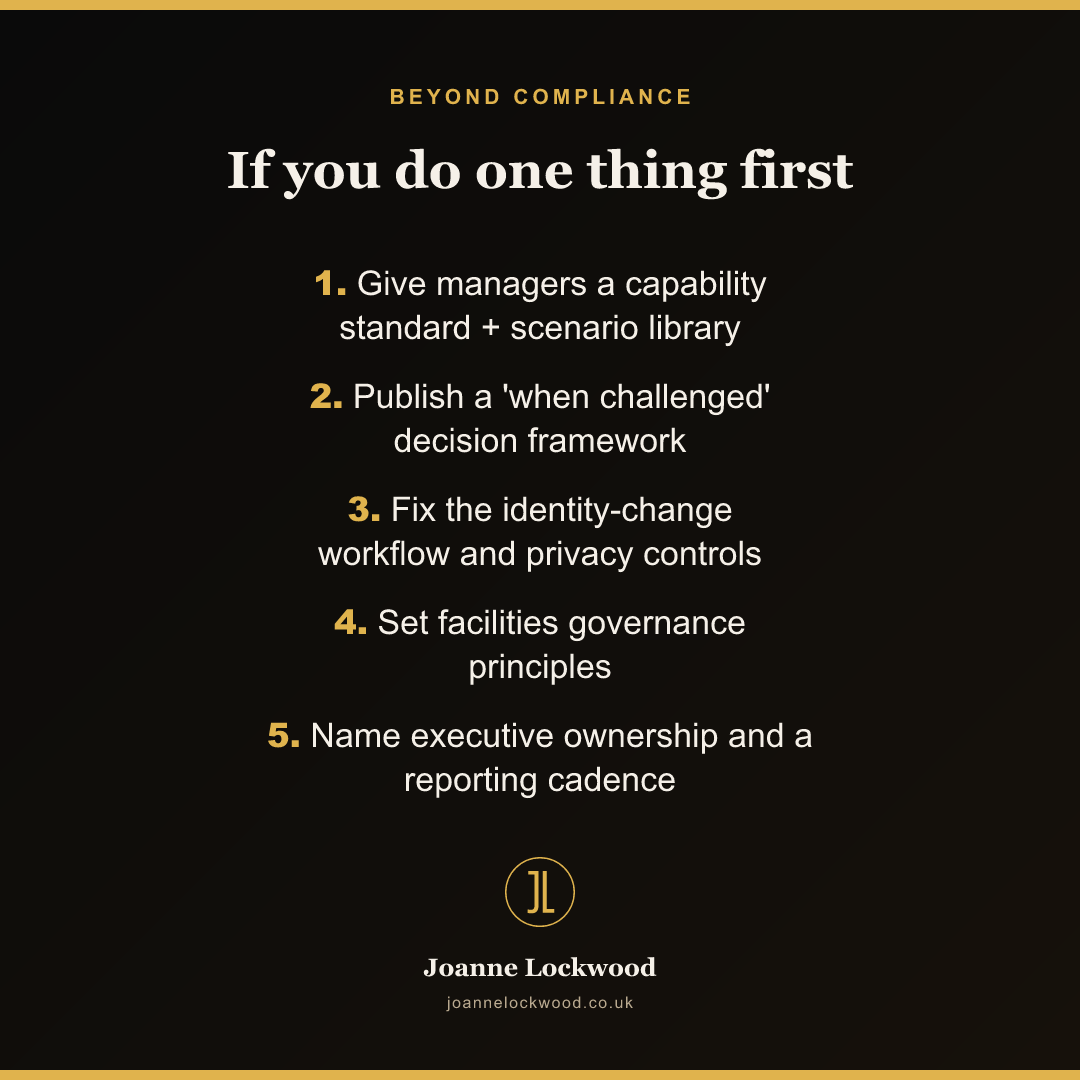 Beyond Compliance: the five things to fix first for trans inclusion that holds.